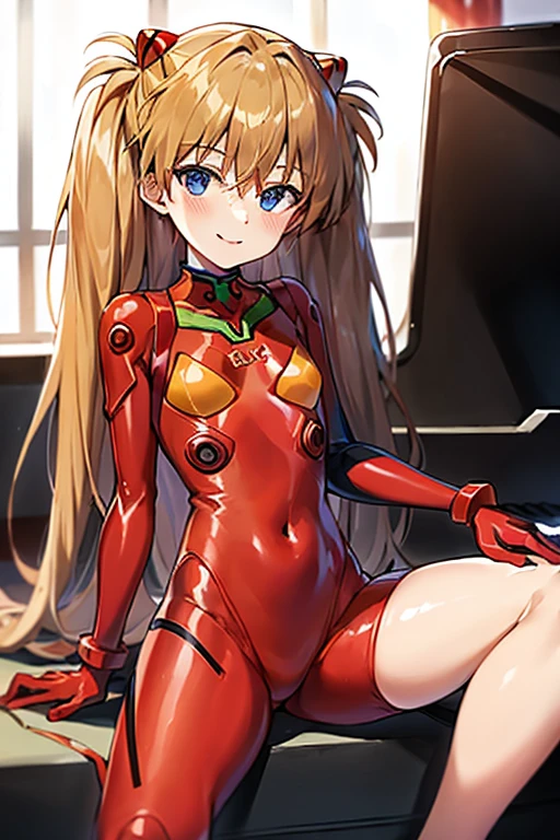 (( top quality )), ((masterpiece)), (be familiar with), perfect face, indoor, bedroom,  Watching Viewers ,
One woman,  Soryu Asuka Langley ,
開いた口,  ecstatic expression beside the piano, blush, smile,
 small tits,  flat chest, Young girl, Lori,  s,  girl,
 long hair,  twin tails,
Leg spread,