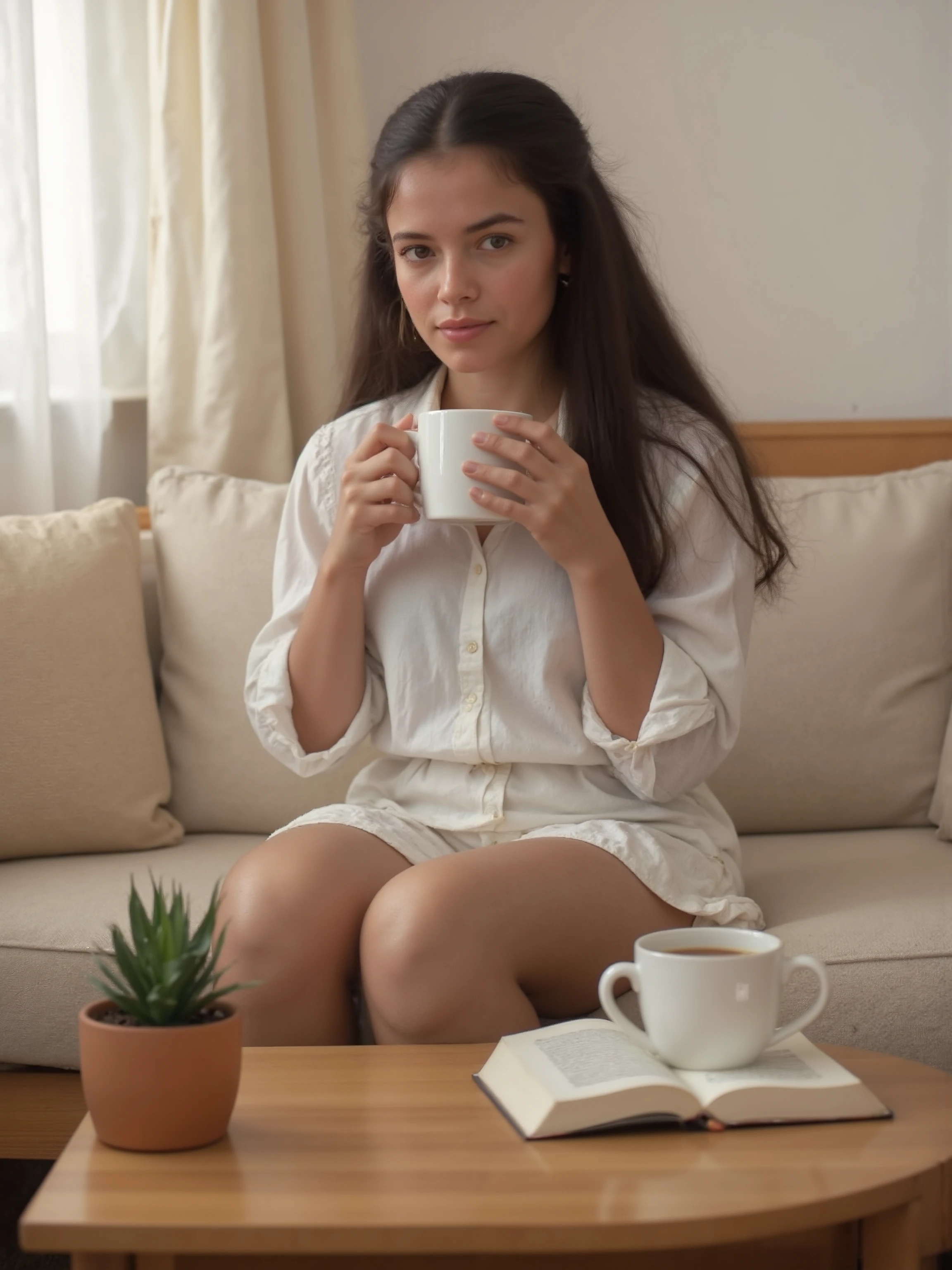 A serene scene: a long-haired young woman sits at a coffee table in a medium shot, bathed in soft natural light filtering through the window. She relaxes, cradling her cup of coffee, hair flowing down her shoulders. A book and small plant adorn the table, creating a cosy atmosphere. The warm minimalist living room features soft textures and neutral tones in the background. The composition focuses on her peaceful expression and intimate setting, with a shallow depth of field blurring the background slightly. Her photorealistic face, with detailed skin pores, eyes, mouth, and body, exudes tranquillity.