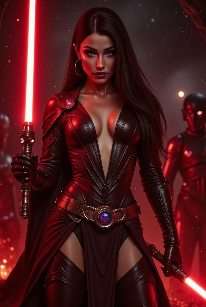 full body shot, female warrior, sith lord, star wars, red lightsaber, intricate details,beautiful detailed eyes, beautiful detailed lips, extremely detailed face, long eyelashes, evil look, diabolic, dramatic lighting, dark fantasy, chiaroscuro, cinematic composition, dramatic pose, dynamic action, moody atmosphere, deep shadows, vibrant colors, photorealistic, 8k, masterpiece