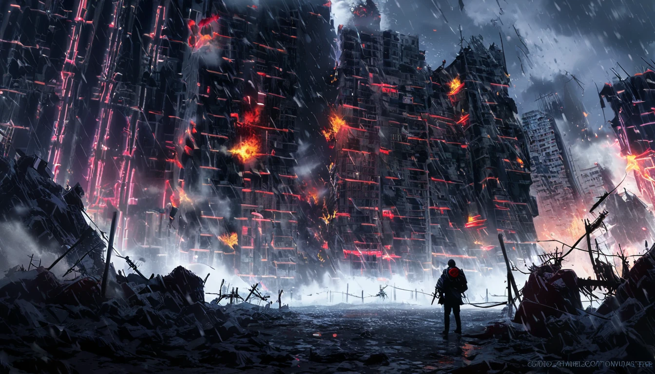 cold, destroyed place, fire, military, red neon lights, smoke, cloudy, barbed wires, cyberpunk giant city, snowstorm background, comics art style, explosion
