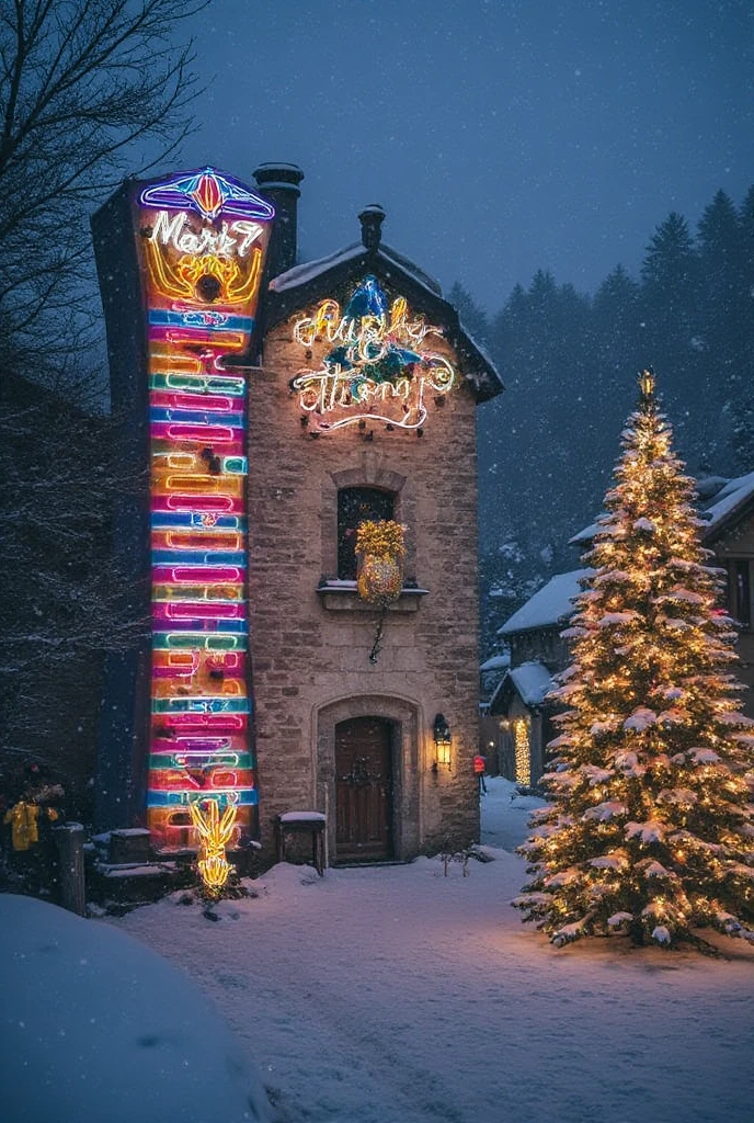 Hyper datailed, hyper realistic image. Alpine city with snow covering everything. Great neon large sign with a champagne bottle and the cork popping up, with the writing "Auguri Mark7 85! Tony". Thousands of Christmas lights, a large Christmas tree, snowing. Warm happy faithful atmosphere. Large format Hasselblad analog photo. 