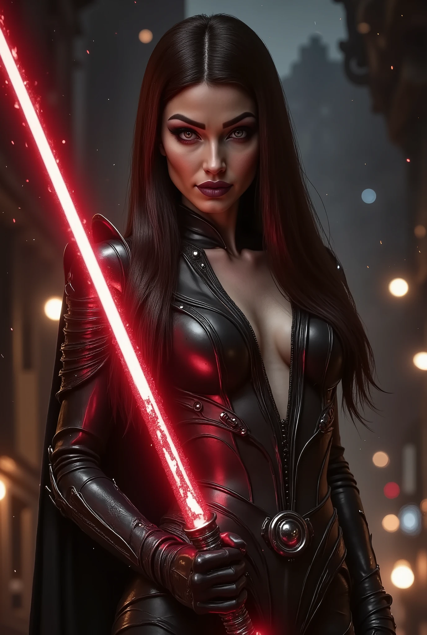 full body shot, female warrior, sith lord, star wars, red lightsaber, intricate details,beautiful detailed eyes, beautiful detailed lips, extremely detailed face, long eyelashes, evil look, diabolic, dramatic lighting, dark fantasy, chiaroscuro, cinematic composition, dramatic pose, dynamic action, moody atmosphere, deep shadows, vibrant colors, photorealistic, 8k, masterpiece