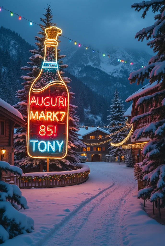 Hyper datailed, hyper realistic image. Italian alps village with snow covering everything. Great neon large sign with a champagne bottle and the cork popping up, with the writing "Auguri Mark7 85! Tony". Thousands of Christmas lights, a large Christmas tree, snowing. Warm happy faithful atmosphere. Large format Hasselblad analog photo. 