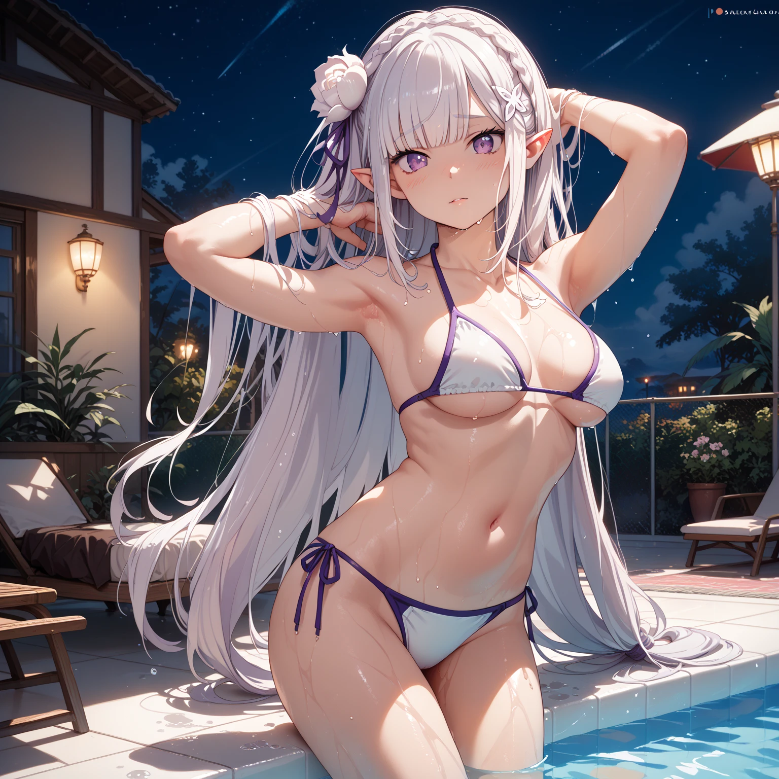 emilia, purple eyes, white hair, long hair, blunt bangs, hair ornament, braid, hair flower, pointy ears, Stand, Bikini Swimwear, Bikini bottoms, sexy pose, blush, shy, Pose seductively, Posing provocatively, Wet body, pool, night, looking at viewer, Body tingling, Thigh