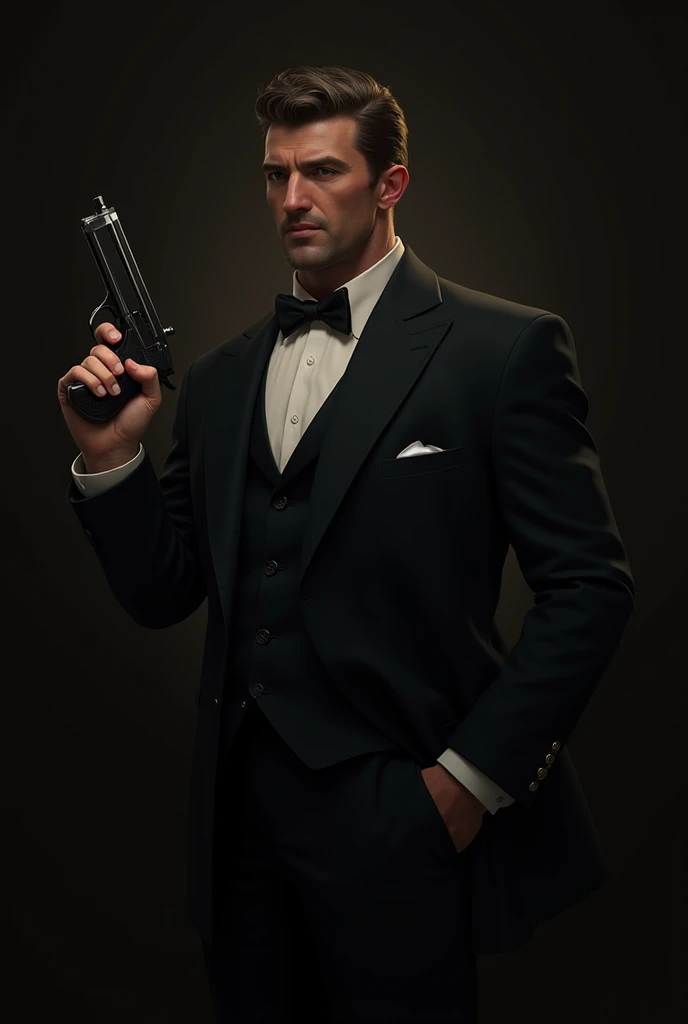 But with a suit and a gun in his hand - SeaArt AI