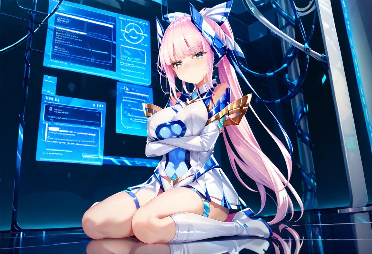  Blake Waliza ,  crossed arms,  is sitting,On the floor,
Laboratory,holographic monitor,mechanical,
Stimulate,
 taking a break 1 girl,
,  Magical Girl ,  pink hair,  long hair,  Ponytail,   hair accessories , Big Breasted  ,  leotards,  elbow gloves , thigh high boots， thighs,, score_9,score_8_  up,score_7_  up,  source_Anime, top quality ,masterpiece,uncensored zpdXL ,