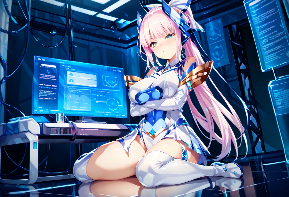  Blake Waliza ,  crossed arms,  is sitting,On the floor,
Laboratory,holographic monitor,mechanical,
Stimulate,
 taking a break 1 girl,
,  Magical Girl ,  pink hair,  long hair,  Ponytail,   hair accessories , Big Breasted  ,  leotards,  elbow gloves , thigh high boots， thighs,, score_9,score_8_  up,score_7_  up,  source_Anime, top quality ,masterpiece,uncensored zpdXL ,