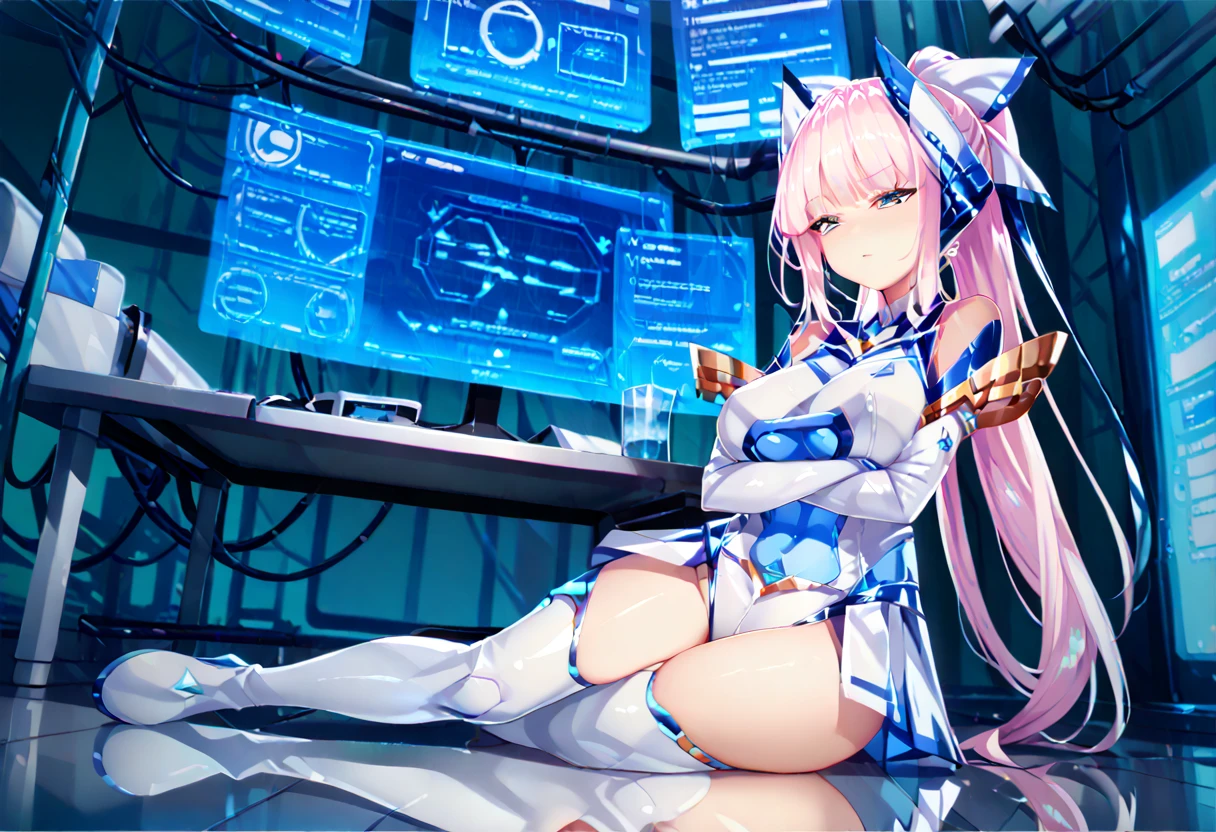  Blake Waliza ,  crossed arms,  is sitting,On the floor,
Laboratory,holographic monitor,mechanical,
Stimulate,
 taking a break 1 girl,
,  Magical Girl ,  pink hair,  long hair,  Ponytail,   hair accessories , Big Breasted  ,  leotards,  elbow gloves , thigh high boots， thighs,, score_9,score_8_  up,score_7_  up,  source_Anime, top quality ,masterpiece,uncensored zpdXL ,