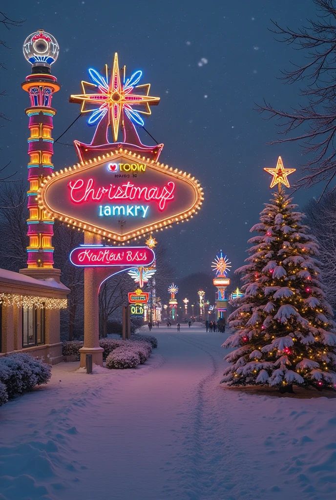 Hyper datailed, hyper realistic image. Las Vegas with snow covering everything. Great neon large sign with a champagne bottle and the cork popping up, with the writing "Auguri Mark7 85! Tony". Thousands of Christmas lights, a large Christmas tree, snowing. Warm happy faithful atmosphere. Large format Hasselblad analog photo. 