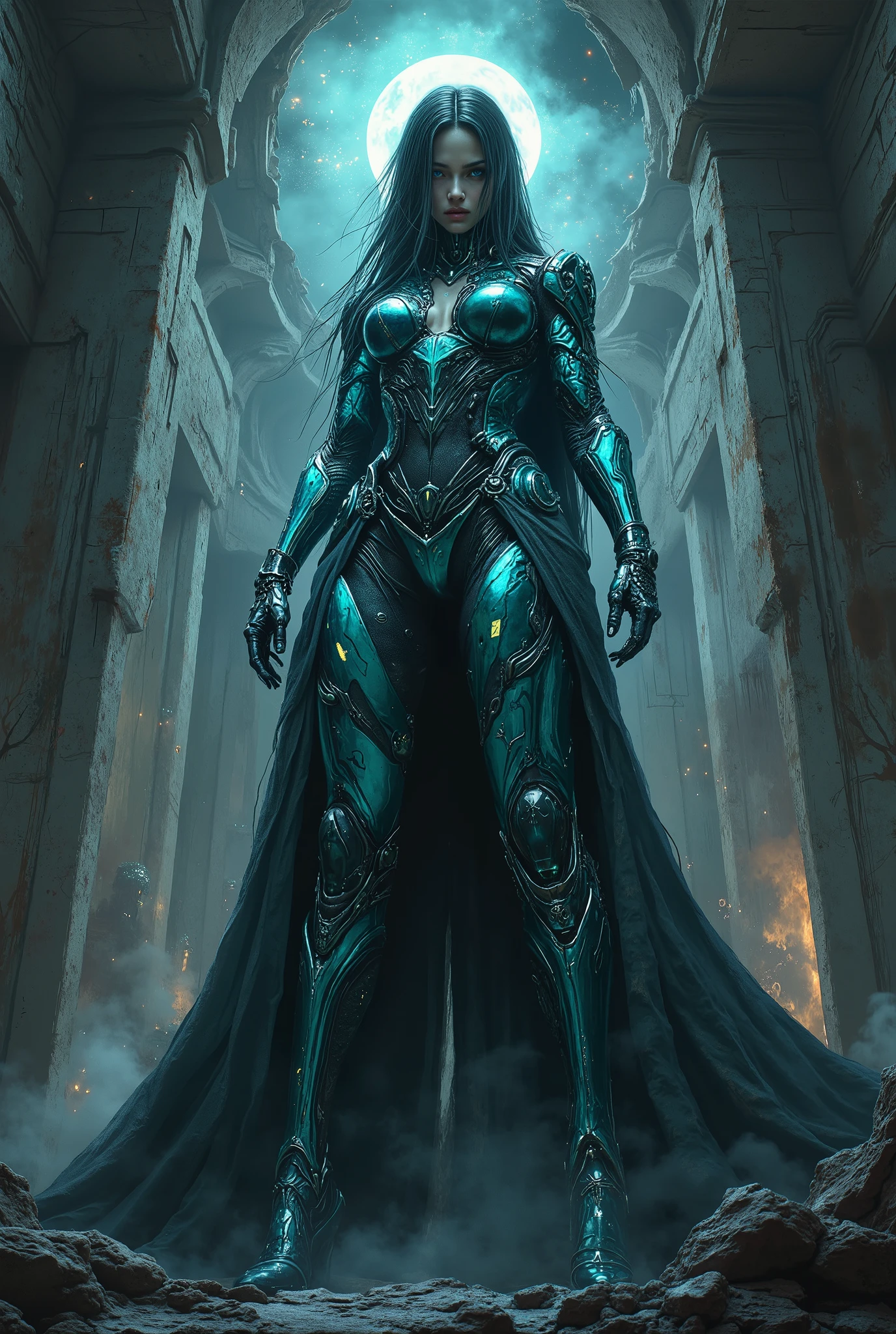(A stunning tall woman is posing like a fashion model:1.5), (She is an anti-hero wearing intricated desighned vivid Indigo blue and iridescent green and dark gray uniform:1.7), echanical biomorphism, horror art, intricate details, maximalist perfect illustration, digital painting art, quantum world, place of fear, surreal,dark, ominous,nightmarish, twisted, unsettling, unnerving, otherworldly, abstract, geometric, futuristic, cyberpunk, chiaroscuro, dramatic lighting, moody atmosphere, rich colors, deep shadows, glowing elements, unsettling anomalies(best quality,4k,8k,highres,masterpiece:1.2), ultra-detailed,(realistic,photorealistic,photo-realistic:1.37), (photo taken from below:1.2)