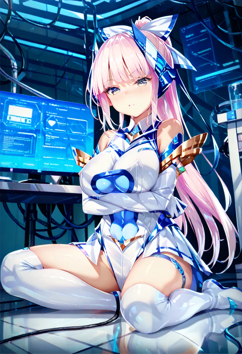  Blake Waliza ,  crossed arms,  is sitting,On the floor,
Laboratory,holographic monitor,mechanical,
Stimulate,
 taking a break 1 girl,
,  Magical Girl ,  pink hair,  long hair,  Ponytail,   hair accessories , Big Breasted  ,  leotards,  elbow gloves , thigh high boots， thighs,, score_9,score_8_  up,score_7_  up,  source_Anime, top quality ,masterpiece,uncensored zpdXL ,