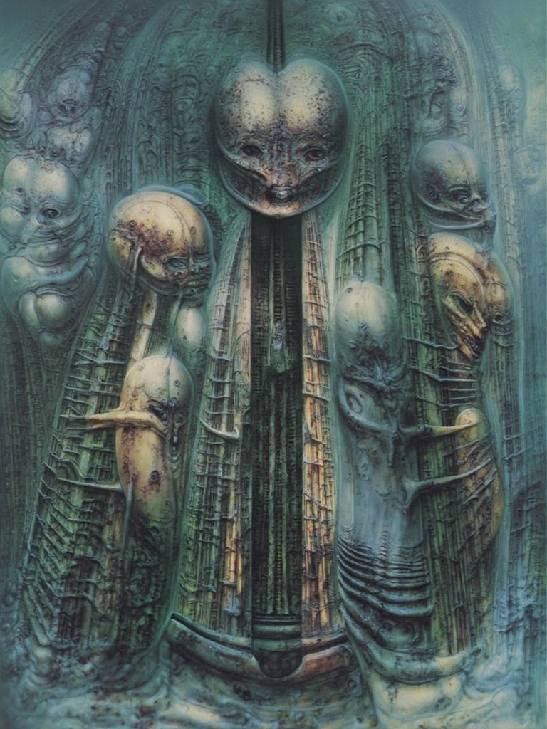 g1g3r, Giger_style, The image is a detailed view of H.R. Giger's \" NYC \" plate, featuring a complex network of bones and constructions.
 The image depicts a dense, vertical arrangement of skeletal figures and faces, tightly packed and interconnected. The overall impression is one of a claustrophobic, organic machine or a biomechanical wall.
Figures: The figures are primarily skeletal, with elongated skulls, prominent eye sockets, and visible rib cages. Some figures are more complete skeletons, while others are reduced to just faces or partial torsos. They are often contorted or intertwined.
The figures are embedded in or connected by a network of pipe-like structures, tubes, and organic-looking tendrils. These elements create a sense of depth and complex
 The background is a dark and  limited  space  painted  in  a  uniform  blue-green color.  This  lack  of  detail  keeps  the  focus  on  the  figures  and  creates  a  sense  of  mystery  about  their  environment.  Receding into the distance  are  a  series  of  arches  and  tunnels  that  hint  at  a  larger  biomechanical  landscape,  possibly  the  work  of  the  creatures  themselves The artwork is silver and purplish brown, with an ivory bones prominently displayed. The image is highly detailed and intricate, almost like a 3d version of a medical diagram (detailed view of an anatomy model, possibly of a human body, with transparent organs and bones exposed). The piece has a thick mechano-organic texture and is covered in fine details. The image has a swirling, organic quality to it. The artistic manner would be unmistakably Gigeresque. A dark and unsettling beauty would permeate the piece, blurring the lines between fascination and repulsion , forever haunted by the grotesque allure. Giger's signature artistic manner would be evident in every stroke. The airbrush would be wielded with masterful precision to create a hyperrealistic yet nightmarish aesthetic.., ooze soaked pajama top
