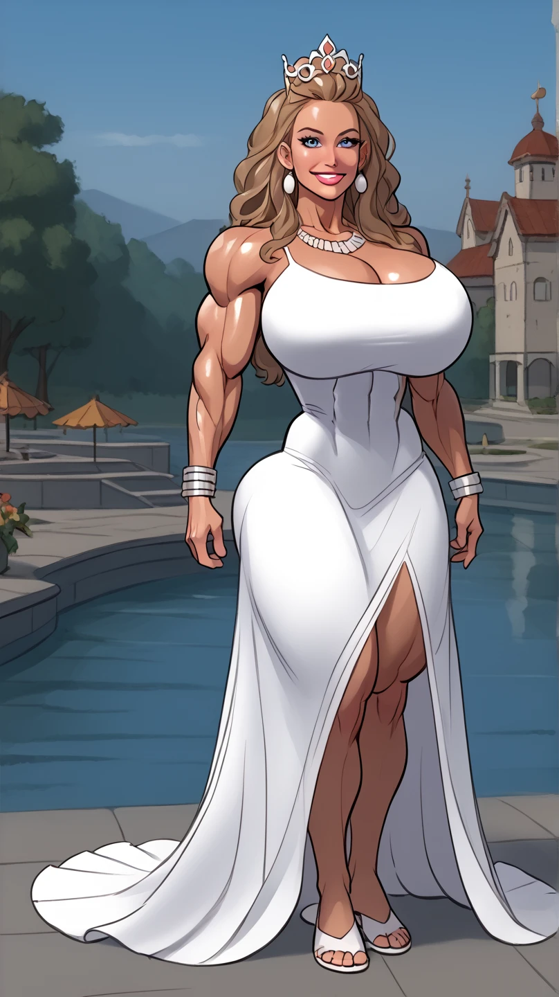 Fullbody view, hypermuscular 40 yo milf, huge bulging breasts, round silicon breasts, massive bulky extremely muscular, breathtakingly beautiful muscle woman, steel-hard hypermuscular body, gentle feminine, muscular powerful bodybuilder physique, perfect flawless musculature, wearing  ((pompous ornate dress)), lots of jewellery, muscular arms, cozy village in the background ((outside))