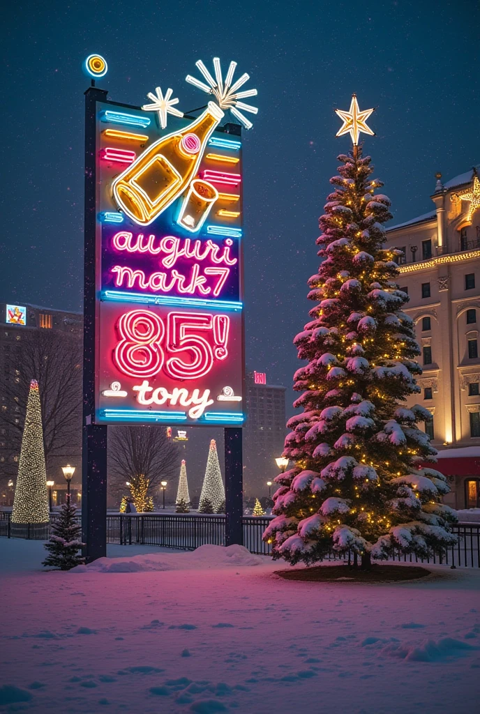 Las Vegas with snow covering everything. Great neon large sign with a champagne bottle and the cork popping up and the writing "Auguri Mark7 85! Tony". Thousands of Christmas lights, a large Christmas tree, snowing. Warm happy faithful atmosphere. Hyper detailed, hyper realistic image. Large format Hasselblad analog photo. 