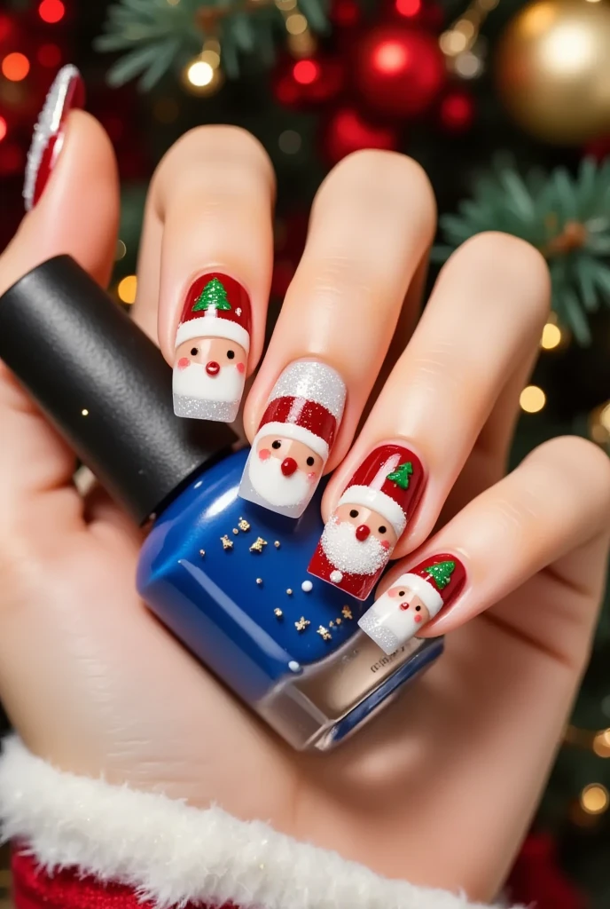 close-up shot , A very nice hand holding a blue nail polish bottle。(((nail design,Beautiful nails with Santa's head )))。