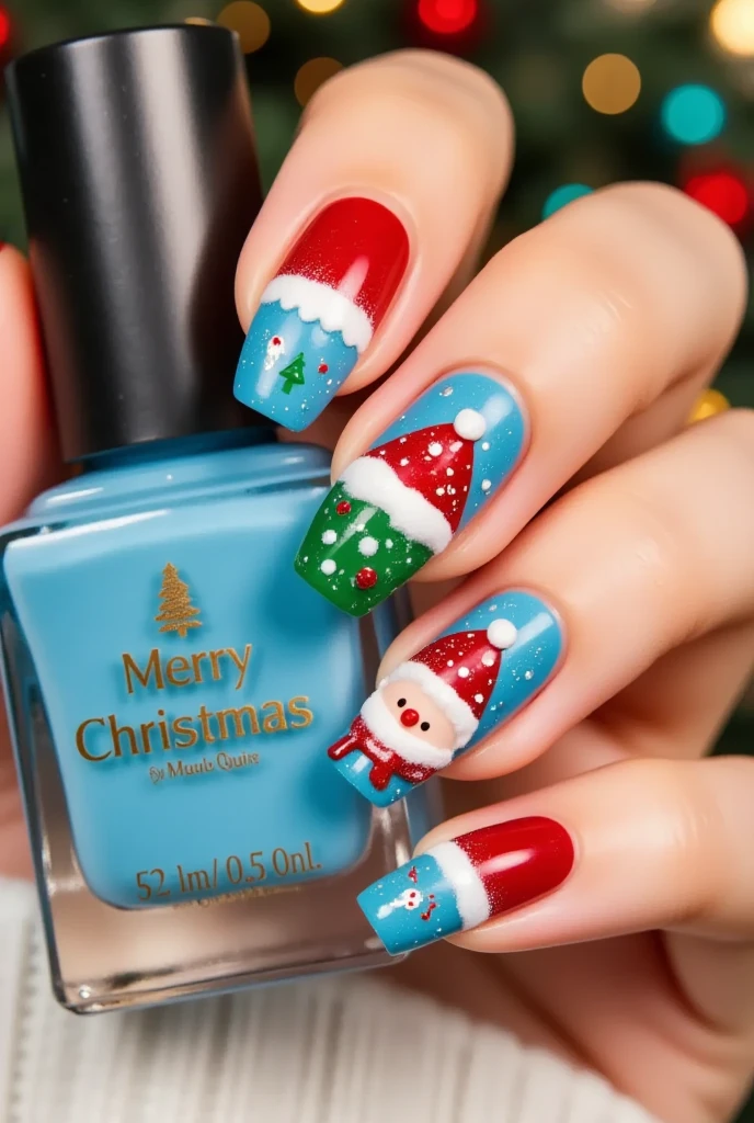 close-up shot , A very nice hand holding a blue nail polish bottle。(((nail design,Beautiful nails with Santa's head )))。