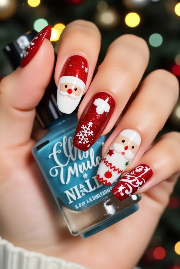 close-up shot , A very nice hand holding a blue nail polish bottle。(((nail design,Beautiful nails with Santa's head )))。