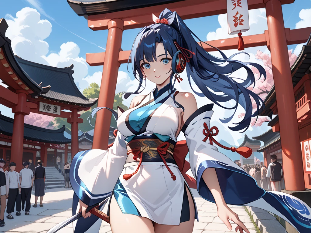  1 girl,Fengmingyi，dark blue hair， long hair, Ponytail, shrine ,  detailed body ，Big Breasts, blue furry sleeve，Torii gate in the background， front shot ,A large crowd ，first visit of the year to a shrine,light blue drawstring 