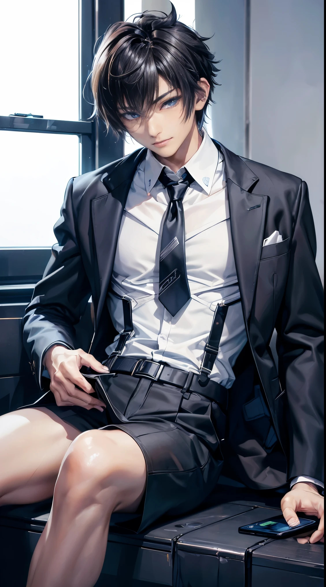 anime handsome man, black hair, tight office pants