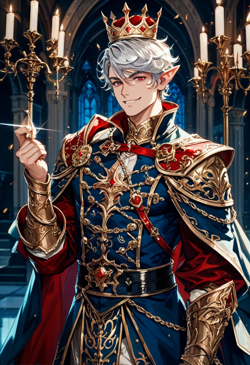 masterpiece, high quality, best aesthetics, romantic lighting, fantasy setting, handsome elf male in his 40's, smirk, red eyes, vampire, short silver hair, a king dressed in royal clothing, wearing crown, tall. He is posing with his 18-year-old daughter, an adorable elf princess with long blond curly hair, large breasts, and violet eyes wearing a jeweled tiara. 