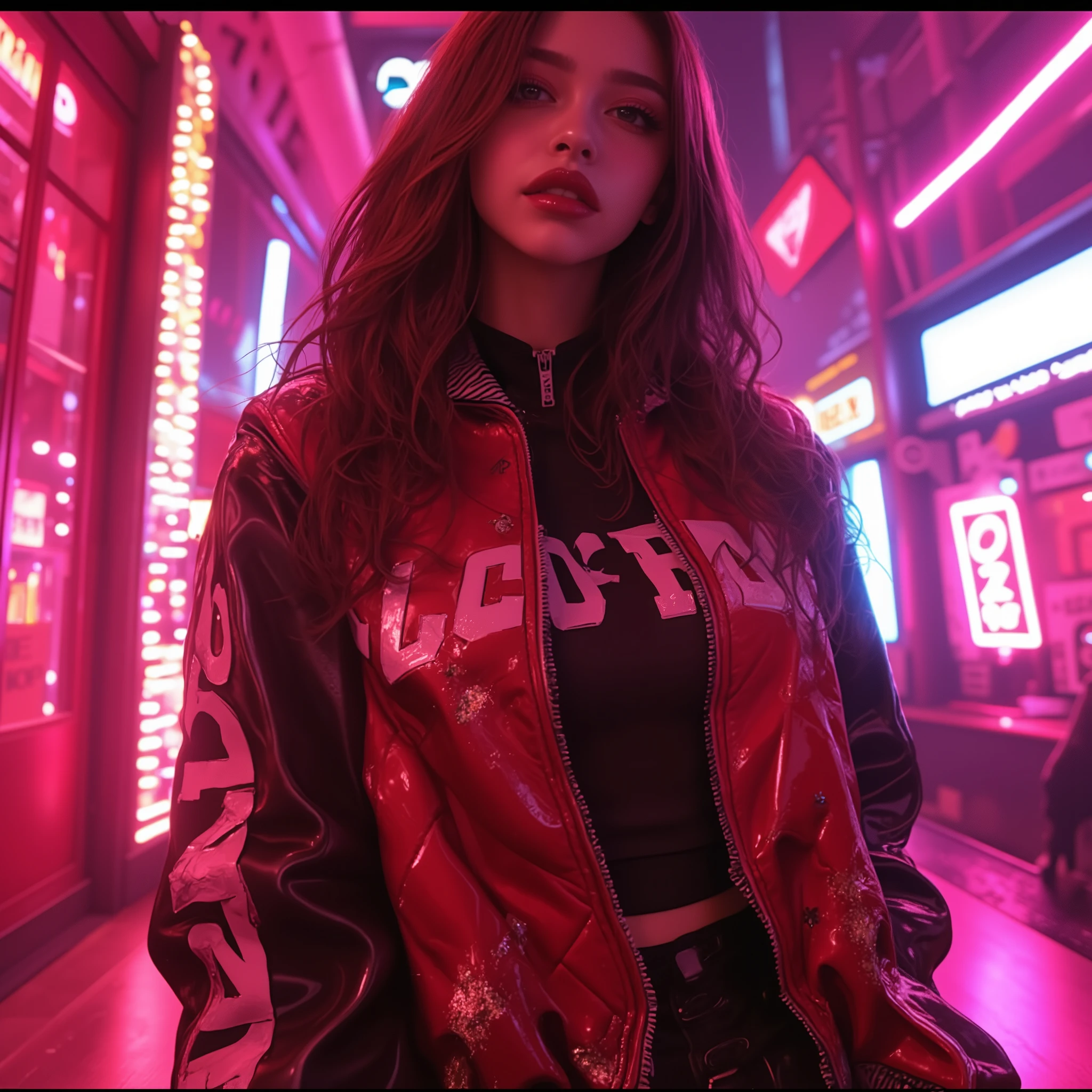 a Latina with a red and black "Algorand" jacket stands in front of neon lighting, in the style of cyberpunk manga, geometric aesthetics, joe madureira, yellow and magenta, zhang jingna, grid, rtx on photorealistic--s500 --stylize 650 --v 6