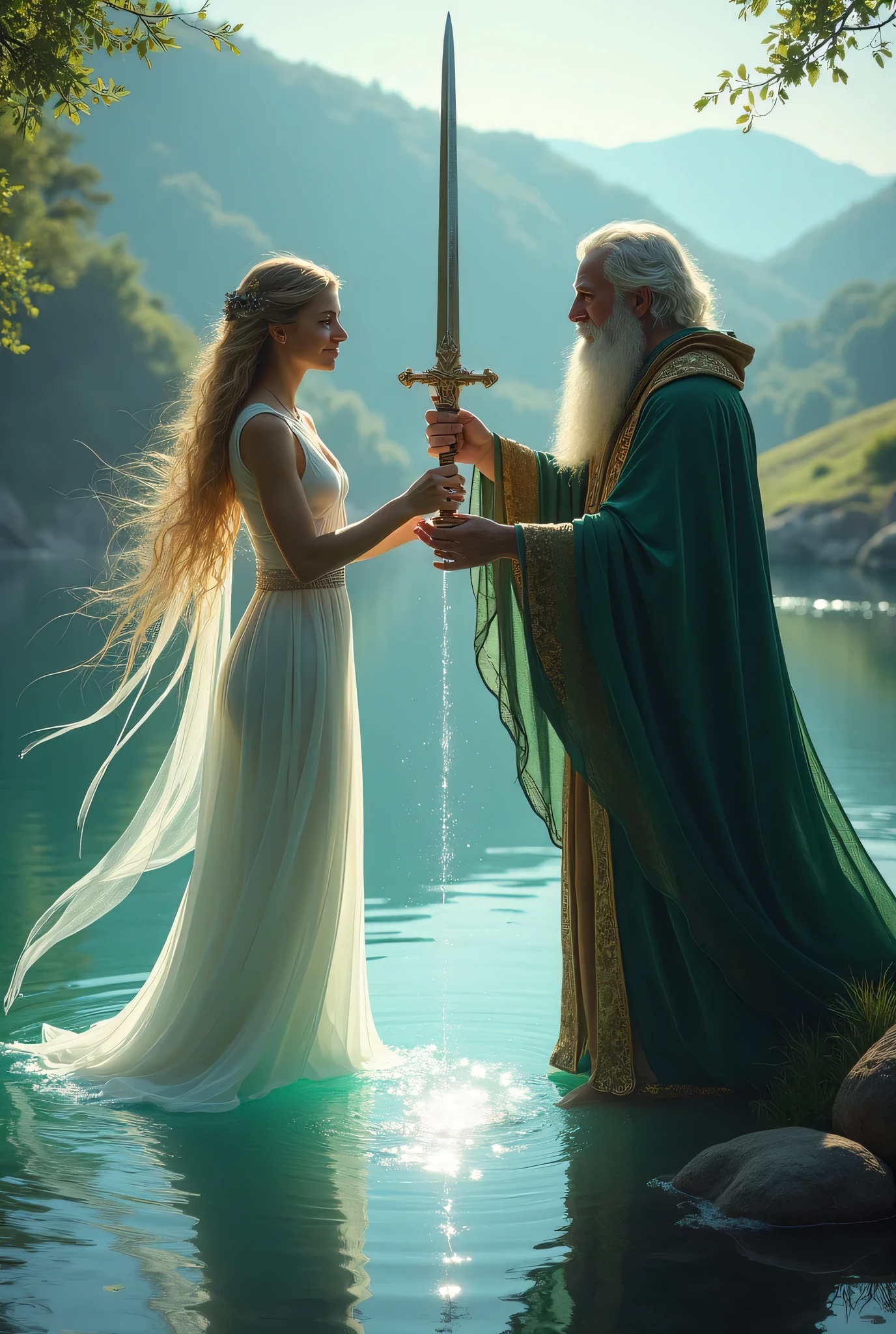 the water fairy gives the sword excalibur to the wizard Merlin, water surface, sword in hand. Fantasy art. Medival 