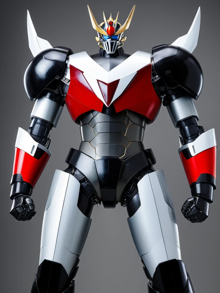 giant mecha, ((mazinger z)), oudoors (a composite layered  armor), fully enclosed shoulder guards, matching arm and leg guards, the belt is adorned with Z mark, (the color scheme is primarily white with red and black accents),metallic, real texture material, dramatic, high definition, best quality, highres, ultra-detailed, ultra-fine painting, extremely delicate, professional, perfect body proportions, golden ratio, anatomically correct, symmetrical face, extremely detailed eyes and face, high quality eyes, creativity, RAW photo, UHD, 32k, Natural light, cinematic lighting, masterpiece-anatomy-perfect, masterpiece:1.5,TR mecha style, Mazinger poses with a huge sword, ROBOTANIMESTYLE, SRS