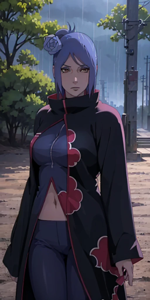 konan \(naruto\), solo, looking_at_viewer, 1girl, closed_mouth, labret piercing, looking at the viewer, (((half naked))), bra, (((sitting on the table inside dark room))), night time, busty, large breasts, akatsuki robe with red clouds