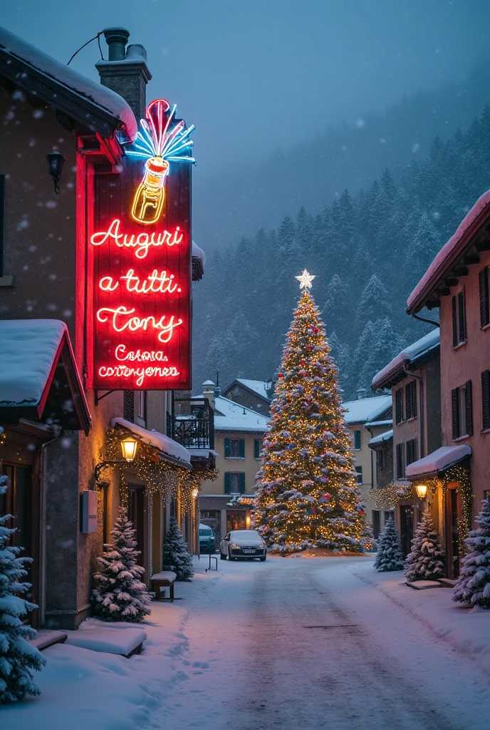 Hyper datailed, hyper realistic image. Italian alps village with snow covering everything. Great neon large sign with a champagne bottle and the cork popping up, with the writing "Auguri a tutti! Tony". Thousands of Christmas lights, a large Christmas tree, snowing. Warm happy faithful atmosphere. Large format Hasselblad analog photo.