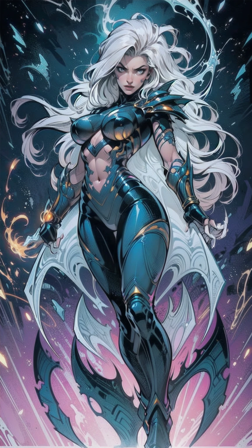 A dynamic and powerful depiction of a female warrior inspired by the Witchblade aesthetic. She has long flowing hair and wears an intricate, organic armor that fuses with her skin, glowing with mystical energy. Her pose is confident and commanding, showcasing her supernatural gauntlet-like weapon, which extends into sharp, otherworldly claws. The armor is adorned with sharp edges, bio-mechanical designs, and glowing patterns, emphasizing both elegance and menace. Her eyes glow faintly, hinting at her immense power. The background is stark white, allowing every detail of her form and armor to stand out clearly, creating a striking contrast.