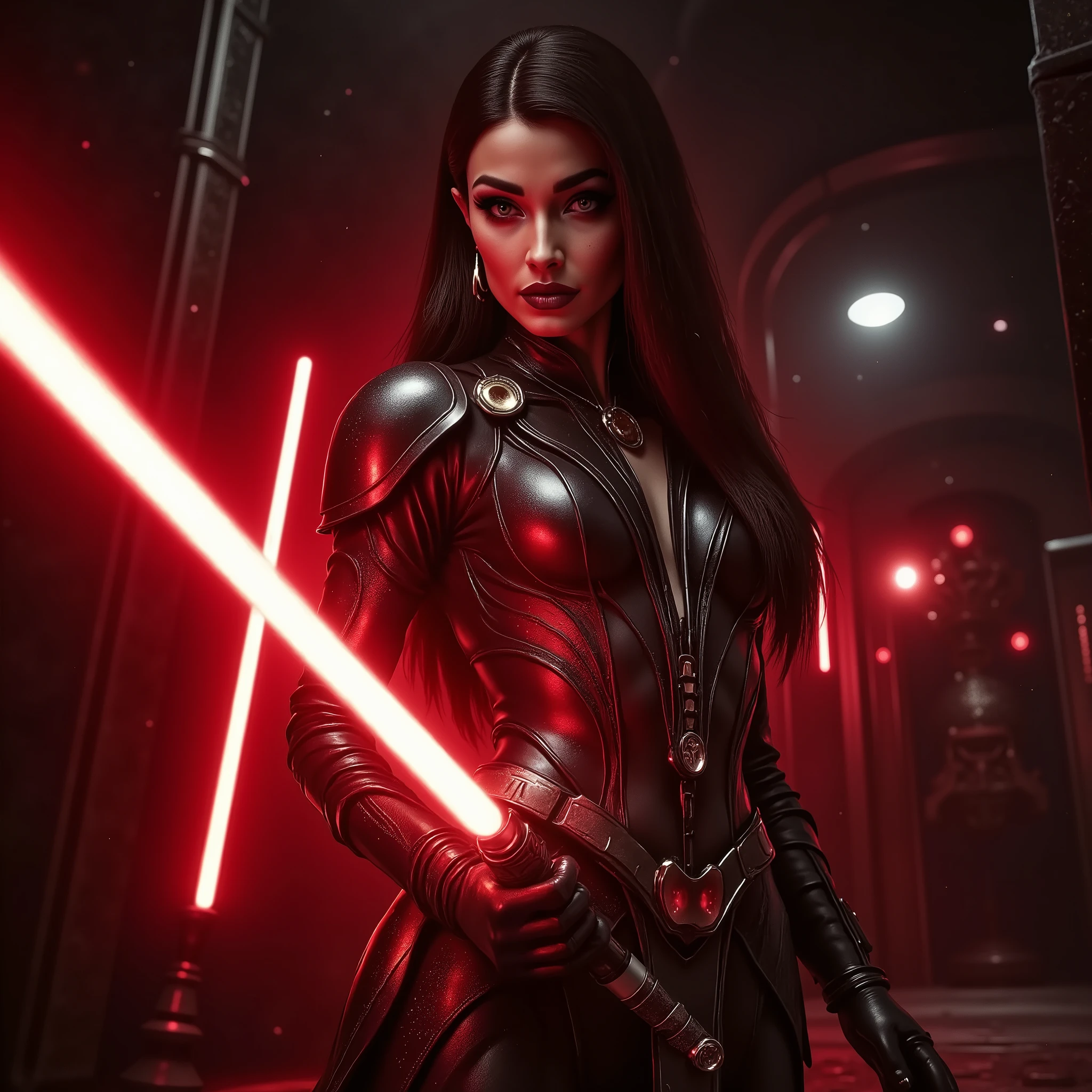 full body shot, female warrior, sith lord, star wars, red lightsaber, intricate details,beautiful detailed eyes, beautiful detailed lips, extremely detailed face, long eyelashes, evil look, diabolic, dramatic lighting, dark fantasy, chiaroscuro, cinematic composition, dramatic pose, dynamic action, moody atmosphere, deep shadows, vibrant colors, photorealistic, 8k, masterpiece