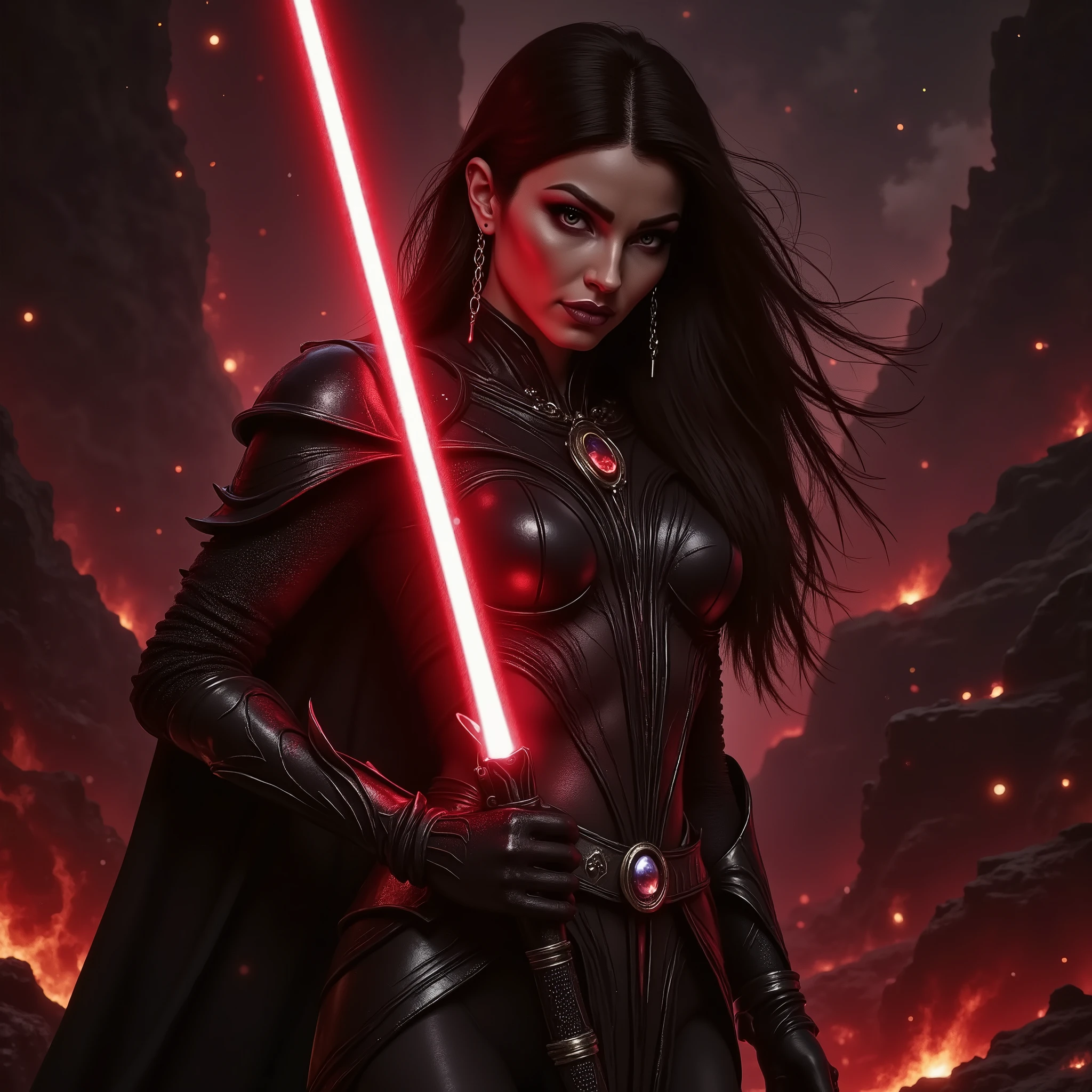 full body shot, female warrior, sith lord, star wars, red lightsaber, intricate details,beautiful detailed eyes, beautiful detailed lips, extremely detailed face, long eyelashes, evil look, diabolic, dramatic lighting, dark fantasy, chiaroscuro, cinematic composition, dramatic pose, dynamic action, moody atmosphere, deep shadows, vibrant colors, photorealistic, 8k, masterpiece