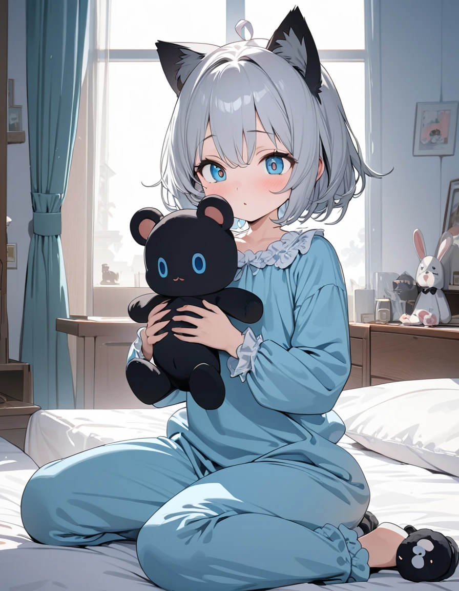A age boy with white hair in a large nursery, (holding a baby pacifier), playing with baby toys, ((wearing a onesie)), drooling, ((wearing a diaper)), [[sleeping]], in a crib, holding a stuffed animal, high quality, extremely detailed, highly detailed, masterpiece, soft lighting, warm colors, pastel colors, adorable, cute,