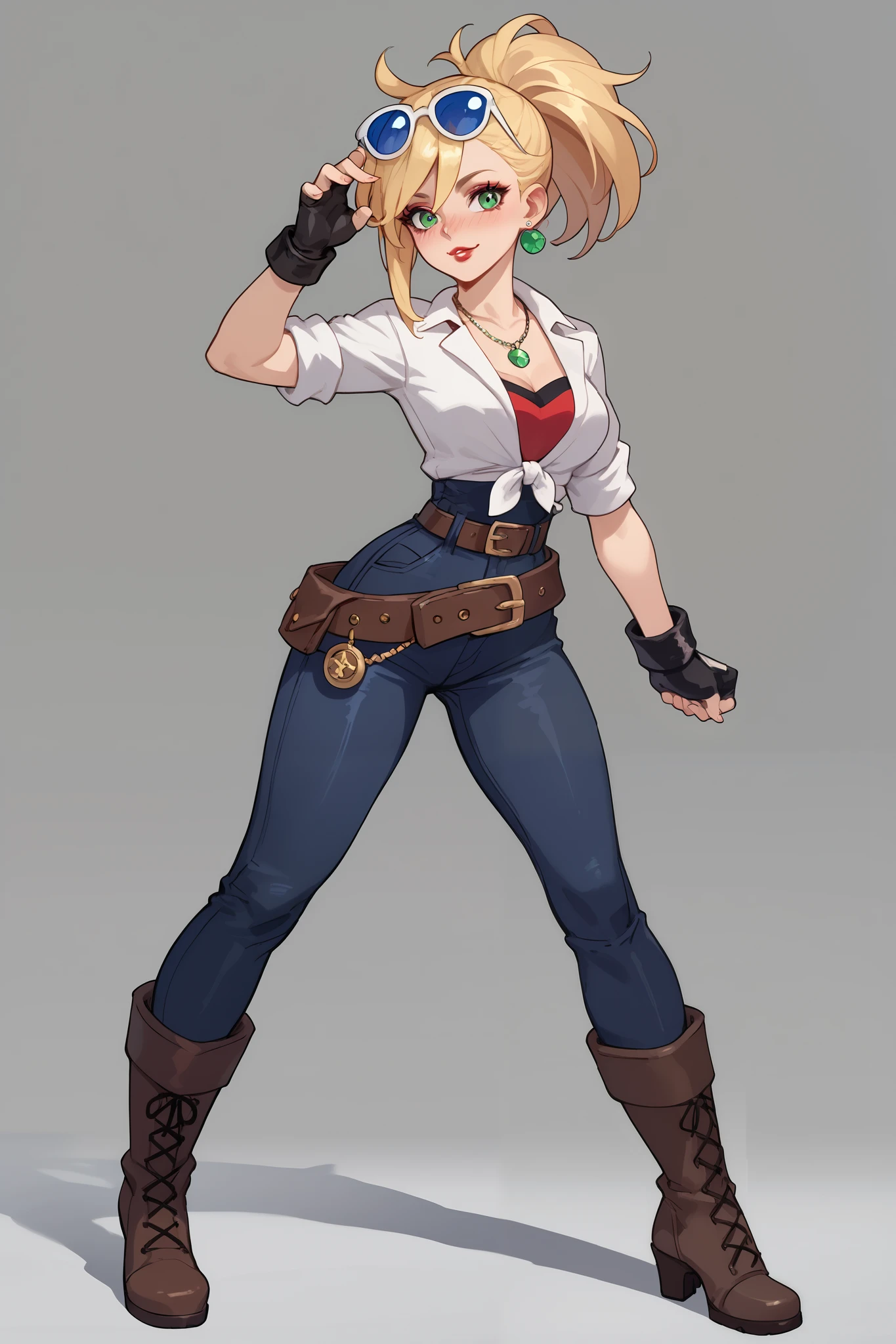 20 year old girl, ponytail blonde hair, lots of red stripes on hair, blue sunglasses on head, cute face, green eyes, long eyelashes, light blush, green earrings, prism necklace, black swin top, black swin bottom, fingerless gloves, very loose brown belt, steel toe boots, thin waist, standing, relaxed down arms, cute pose, red Lips, Makeup, Nose Blush, Full body overview, fullbody view