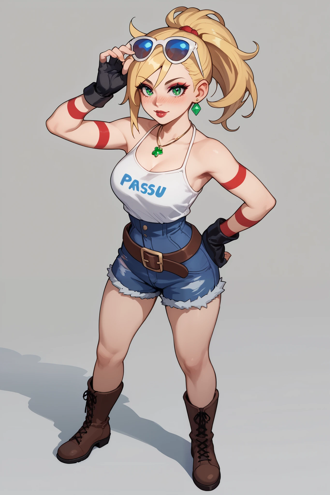 20 year old girl, ponytail blonde hair, lots of red stripes on hair, blue sunglasses on head, cute face, green eyes, long eyelashes, light blush, green earrings, prism necklace, black swin top, black swin bottom, fingerless gloves, very loose brown belt, steel toe boots, thin waist, standing, relaxed down arms, cute pose, red Lips, Makeup, Nose Blush, Full body overview, fullbody view