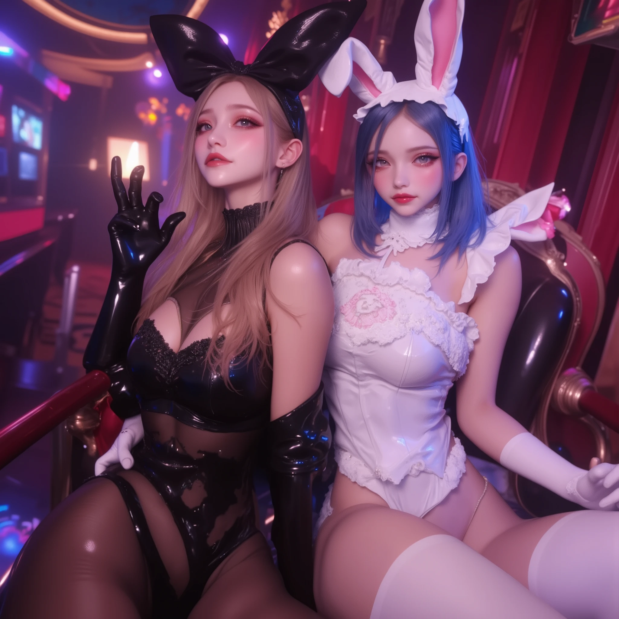 One young and beautiful woman,(masterpiece, top quality , very detailed depiction, incredibly absurd high definition,8k, illustration,CG, two girls ),( Playboy Bunny, strapless black leotard , black gloves , black pantyhose),( shiny hair, super detailed eyes, eyelash ,Blonde, long hair, big breasts, watch the viewers, waving),(From below：0.5), wicked smile ,blush,casino, spotlight that can cast shadows,cigarette, BREAK 
One young and beautiful woman,(masterpiece, top quality , very detailed depiction, incredibly absurd high definition,8k, illustration,CG, two girls ),( Playboy Bunny, strapless white leotard ,white gloves, white pantyhose),(Sharp Eye, eyelash ,Half an eye, blue eyes, blue hair, short hair , big breasts), watch the viewers, waving,(From below：0.5), Laughing ,Mischievous face,Disgust,blush,casino, spotlight that can cast shadows,cigarette BREAK 