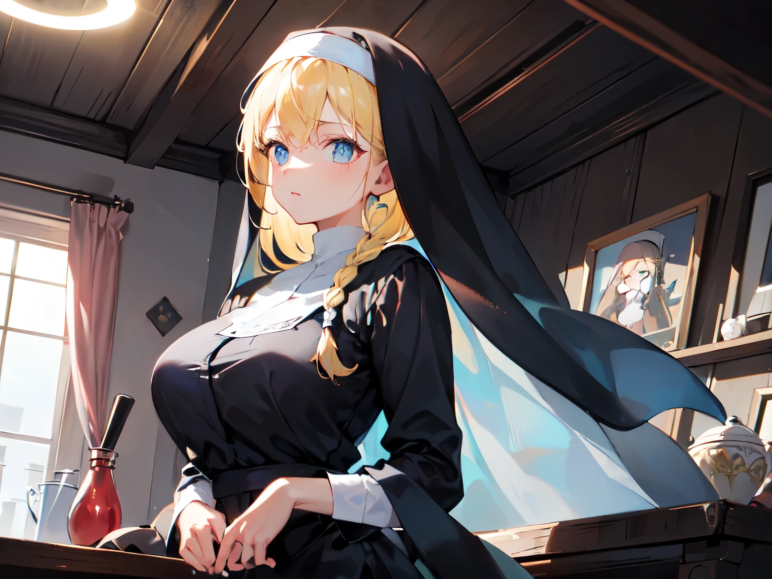 ((master piece)), best quality, (8k, best quality, masterpiece:1.2), ultra-detailed, illustration, female, nun, beauty, perfect face, perfect hair, veil, waist, breast, blonde, sensual, indoor, ruinsBraid, 