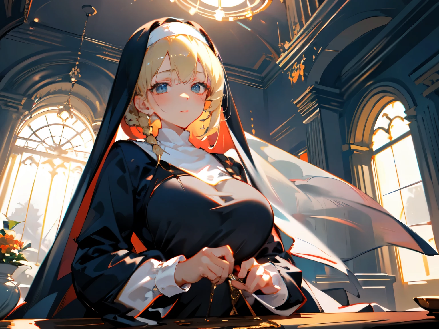 ((master piece)), best quality, (8k, best quality, masterpiece:1.2), ultra-detailed, illustration, female, nun, beauty, perfect face, perfect hair, veil, waist, breast, blonde, sensual, indoor, Braid, Baroque, Backlighting, God Rays, 