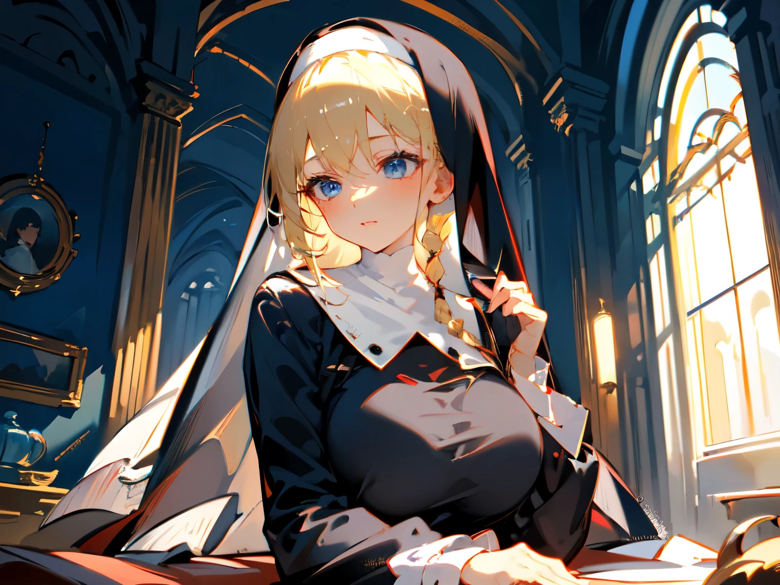 ((master piece)), best quality, (8k, best quality, masterpiece:1.2), ultra-detailed, illustration, female, nun, beauty, perfect face, perfect hair, veil, waist, breast, blonde, sensual, indoor, Braid, Baroque, Backlighting, God Rays, 