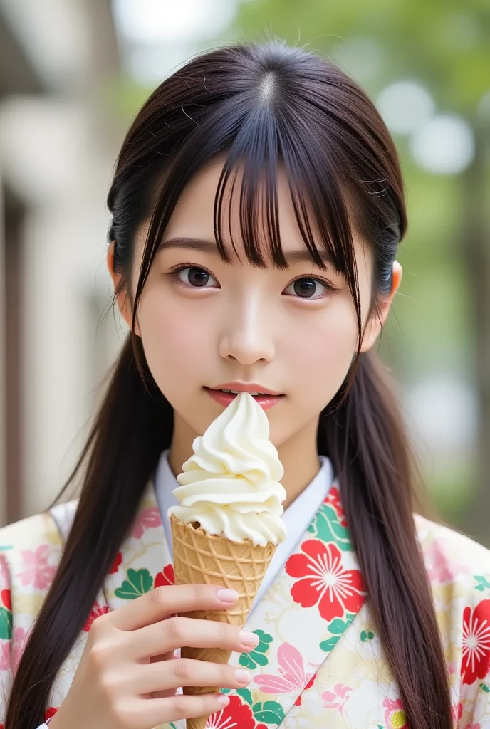 A stunning European woman with a wide open mouth, wearing a beautiful kimono, (masterpiece, best quality 1.4), (8k, RAW photo:1.2), (realistic, photo realistic:1.4), ultra-high resolution, (high-definition 8K wallpaper), Japanese Idols, Japanese actress, very cute, big eyes, detailed face and eyes, bringing color back to my face, beautiful eyes, glowing skin, portrait, (twintails:1.2), (smiling:1.3), (holding a soft serve ice cream cone, soft serve ice cream inside mouth:1.2), lighting, depth, edge depth, (dynamic angle:1.4), blurred background, bokeh, (kimono, frilly skirt:1.2), (daytime in the park).