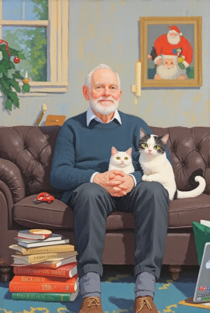 painting of a man sitting on a couch with a cat, by Spencer Gore, inspired by Spencer Gore, portrait of bojack horseman, daniel, anton, painting of a man, peter, tom hammick, by Sam Havadtoy, adam, with small cat on lap, simon, by Nancy Graves, michael, inspired by Russell Dongjun Lu, by Paul Bird