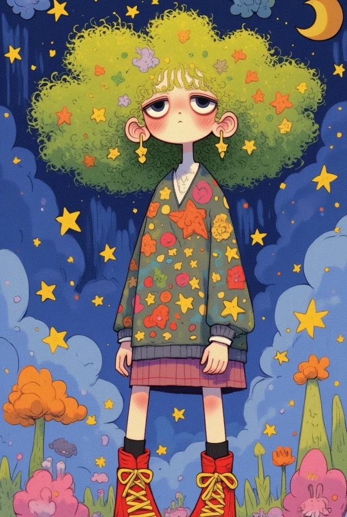  Cartoon： from the room ， A girl with broccoli hair，  huge hair  ， sad expression  ，fear