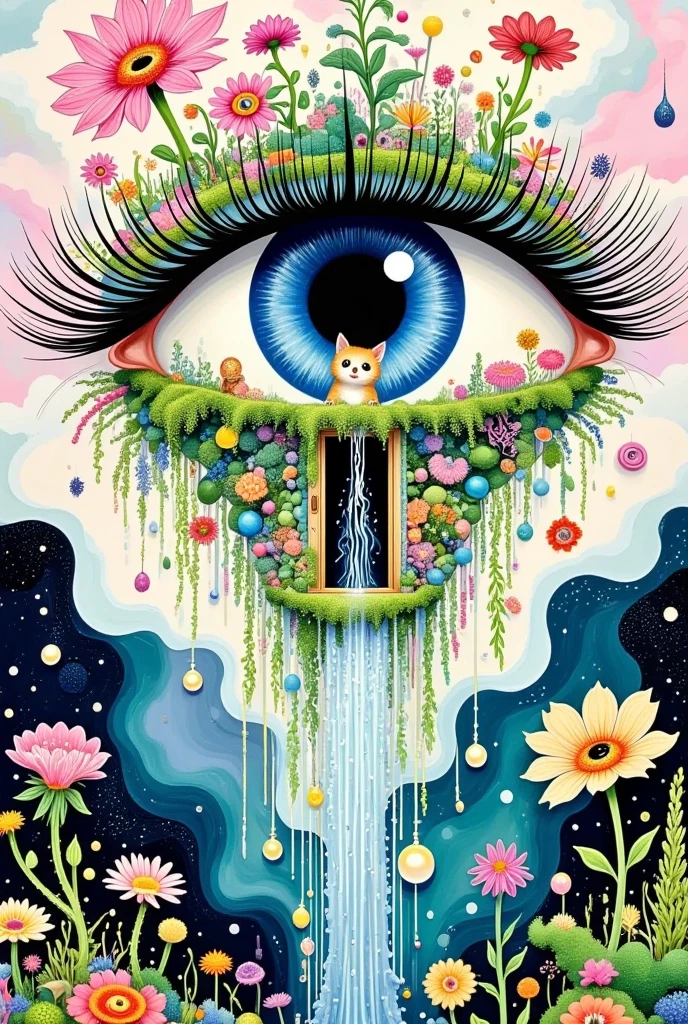  A surreal abstract painting，One Eye，There is a door in the eye ,  a kitten living inside the door , Plants and flowers on lashes，  Pearl tears flowing down  ,  Tears waterfall  , fish,  fantastic illustration , Layered clouds 
