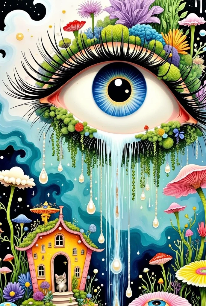  A surreal abstract painting，One Eye，There is a door in the eye ,  a kitten living inside the door , Plants and flowers on lashes，  Pearl tears flowing down  ,  Tears waterfall  , fish,  fantastic illustration , Layered clouds 
