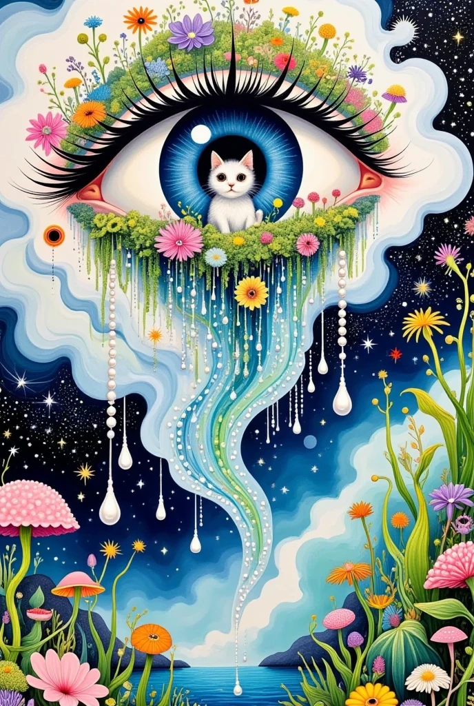  A surreal abstract painting，One Eye，There is a door in the eye ,  a kitten living inside the door , Plants and flowers on lashes，  Pearl tears flowing down  ,  Tears waterfall  , fish,  fantastic illustration , Layered clouds 
