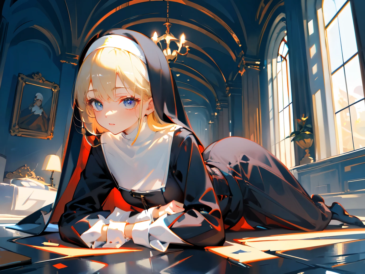 ((master piece)), best quality, (8k, best quality, masterpiece:1.2), ultra-detailed, illustration, female, nun, beauty, perfect face, perfect hair, veil, waist, blonde, sensual, indoor, fullbody, Baroque, Backlighting, God Rays, High Resolution, HD, Best Quality, Super Detailed, UHD, Retina