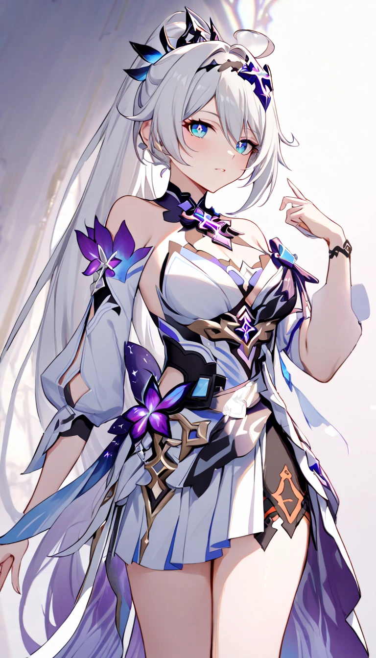 masterpiece, best quality, 1girl, solo, kiana kaslana \(honkai impact 3rd\), herrscher of finality, white hair, ahoge, ponytail, very long hair, blue eyes, symbol-shaped pupils, Off-shoulder white long-sleeve top with gold accent buttons, delicate butterfly brooch with tassel detail, high-waisted asymmetrical black skirt featuring intricate floral embroidery on one side, pleated design, large light-blue fabric bow on the waist with a dangling tassel, minimalistic aesthetic with Eastern-inspired motifs, subtle elegance, refined feminine style