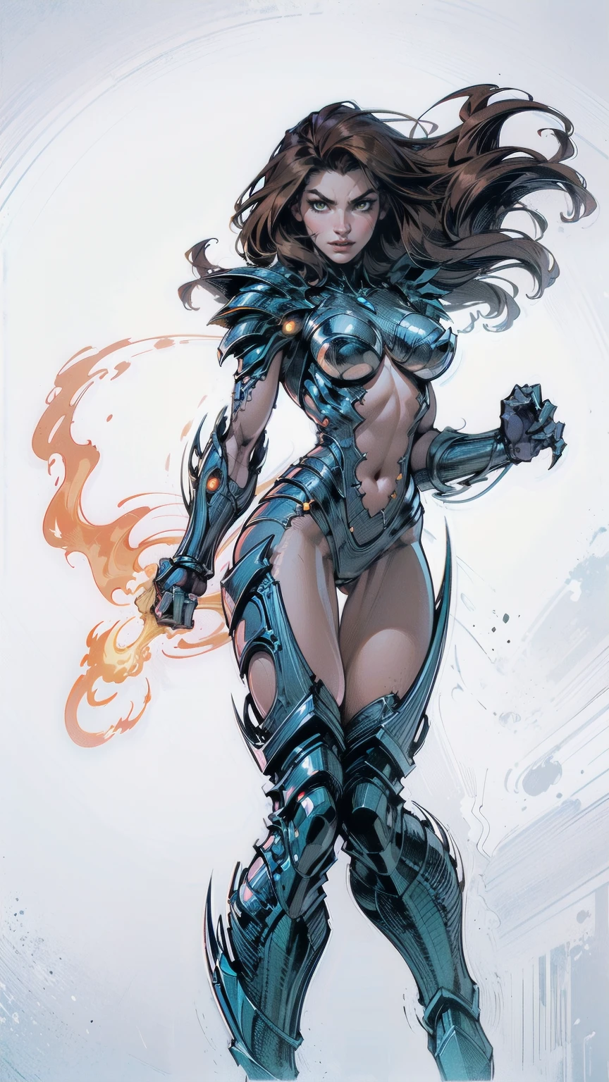 A dynamic and powerful depiction of a female warrior inspired by the Witchblade aesthetic. She has long flowing brown hair and wears an intricate, organic armor that fuses with her skin, glowing with mystical energy. Her pose is confident and commanding, showcasing her supernatural gauntlet-like weapon, which extends into sharp, otherworldly claws. The armor is adorned with sharp edges, bio-mechanical designs, and glowing patterns, emphasizing both elegance and menace. Her eyes glow faintly, hinting at her immense power. The background is stark white, allowing every detail of her form and armor to stand out clearly, creating a striking contrast. (white background)