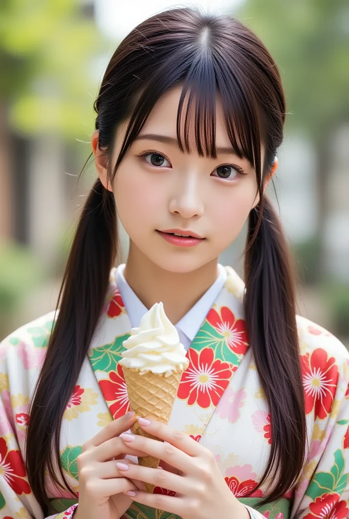 A stunning European woman with a wide open mouth, wearing a beautiful kimono, (masterpiece, best quality 1.4), (8k, RAW photo:1.2), (realistic, photo realistic:1.4), ultra-high resolution, (high-definition 8K wallpaper), Japanese Idols, Japanese actress, very cute, big eyes, detailed face and eyes, bringing color back to my face, beautiful eyes, glowing skin, portrait, (twintails:1.2), (smiling:1.3), (holding a soft serve ice cream cone, soft serve ice cream inside mouth:1.2), lighting, depth, edge depth, (dynamic angle:1.4), blurred background, bokeh, (kimono, frilly skirt:1.2), (daytime in the park).