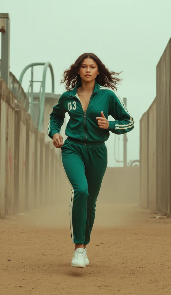 A full-body shot of a woman like Zendaya running directly toward the viewer in a highly cinematic and intense scene inspired by Squid Game. She is wearing the iconic green tracksuit with one white stripe on the sleeves and legs. The tracksuit has the number '013' printed in white on the left side of her chest. She has a determined and slightly desperate expression on her face, her hair bouncing as she runs. The background depicts a dusty, dystopian arena under an overcast sky, with large, surreal playground elements in the distance (like a giant slide and a swing set) and towering concrete walls with faint red markings. The lighting is soft, with a slight sepia tone, enhancing the tension and atmosphere of the scene